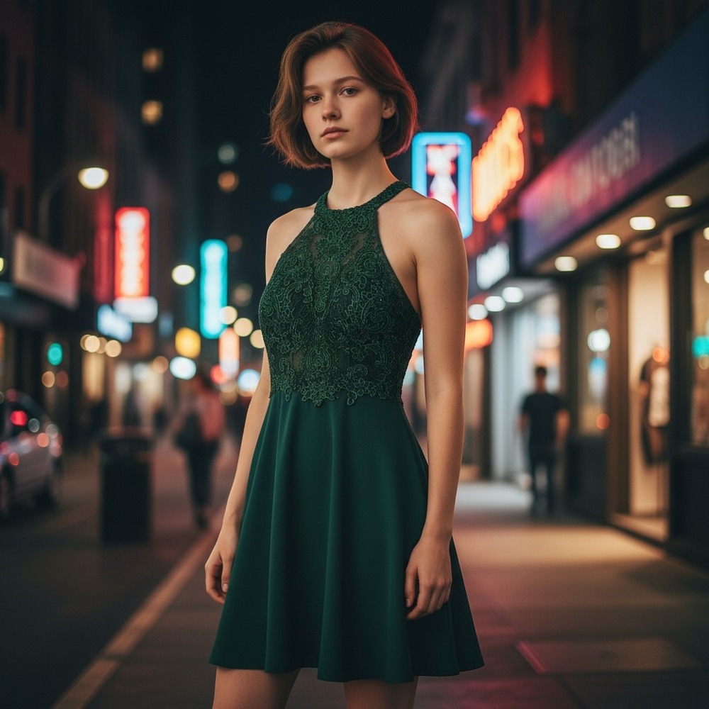 Ethereal Lace Halter Dress Women Size XS Emerald Green Sheer Bodice Back Cut Out